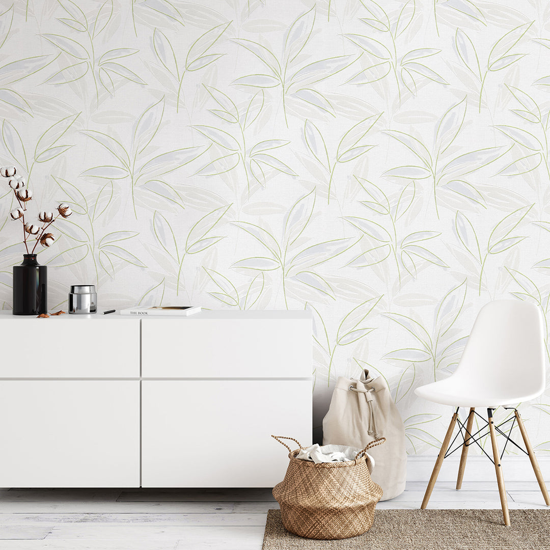 Винилов релефен Тапет Зелени Клонки Бяло за Спалня Хол Кухня 0.53х10.05м Лято