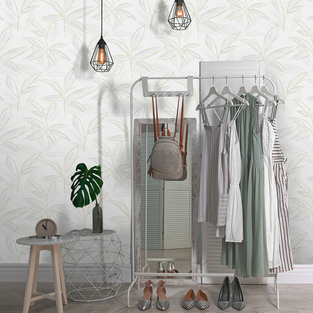 Винилов релефен Тапет Зелени Клонки Бяло за Спалня Хол Кухня 0.53х10.05м Лято