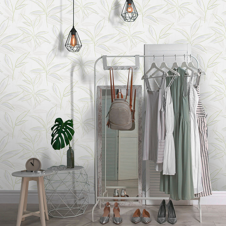 Винилов релефен Тапет Зелени Клонки Бяло за Спалня Хол Кухня 0.53х10.05м Лято