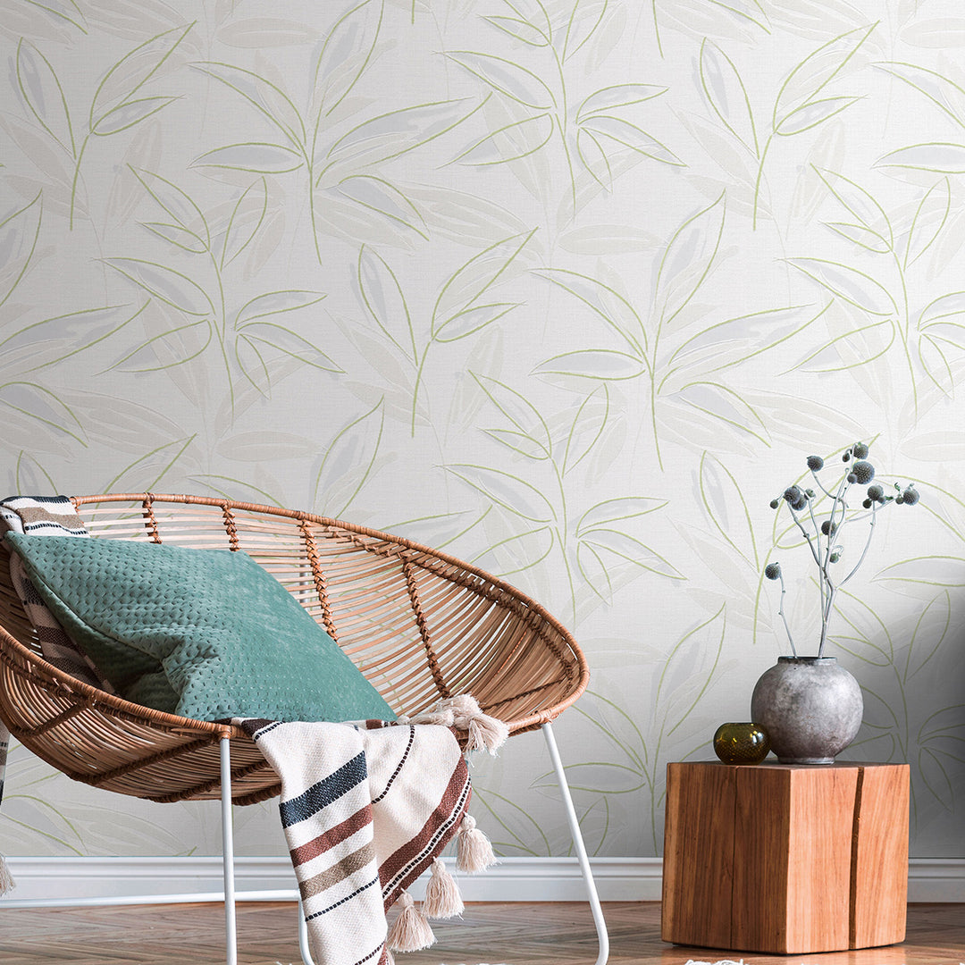 Винилов релефен Тапет Зелени Клонки Бяло за Спалня Хол Кухня 0.53х10.05м Лято