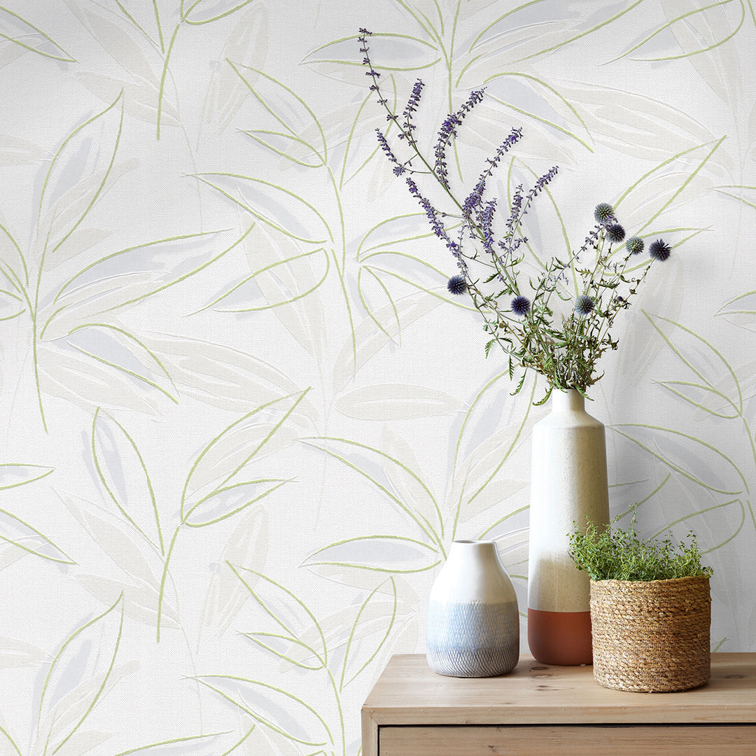 Винилов релефен Тапет Зелени Клонки Бяло за Спалня Хол Кухня 0.53х10.05м Лято