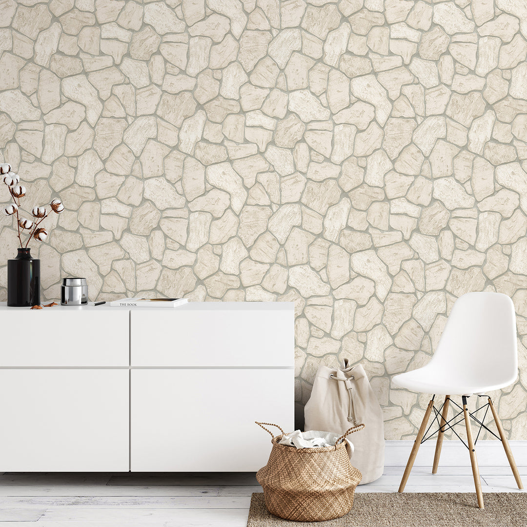 Винилов високоустойчив Тапет Каменни плочи Беж за Хол Спалня Кухня 0.53х10.05м Лято