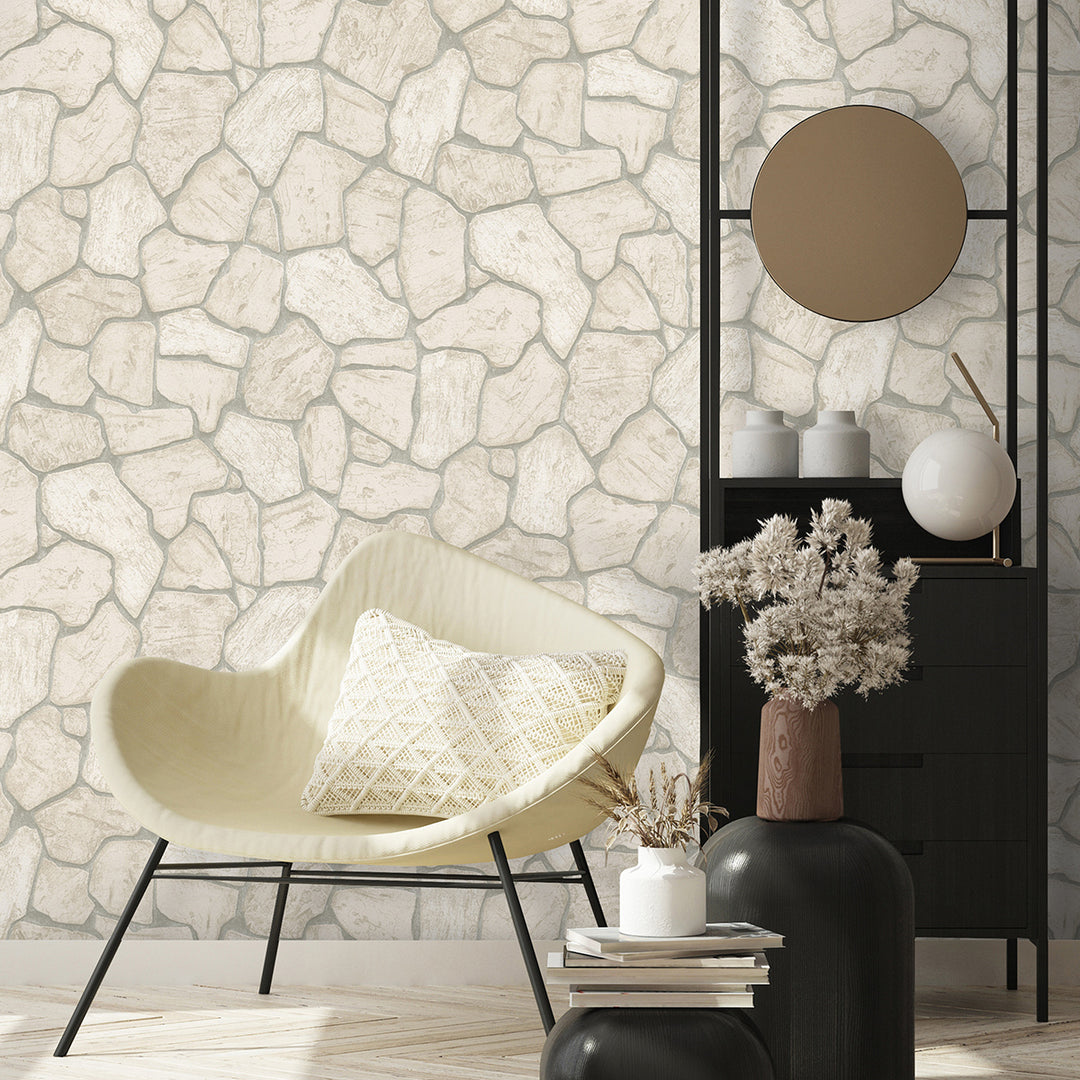 Винилов високоустойчив Тапет Каменни плочи Беж за Хол Спалня Кухня 0.53х10.05м Лято