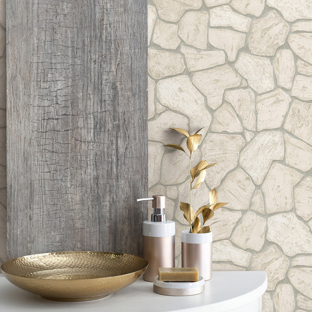 Винилов високоустойчив Тапет Каменни плочи Беж за Хол Спалня Кухня 0.53х10.05м Лято