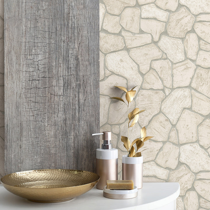 Винилов високоустойчив Тапет Каменни плочи Беж за Хол Спалня Кухня 0.53х10.05м Лято