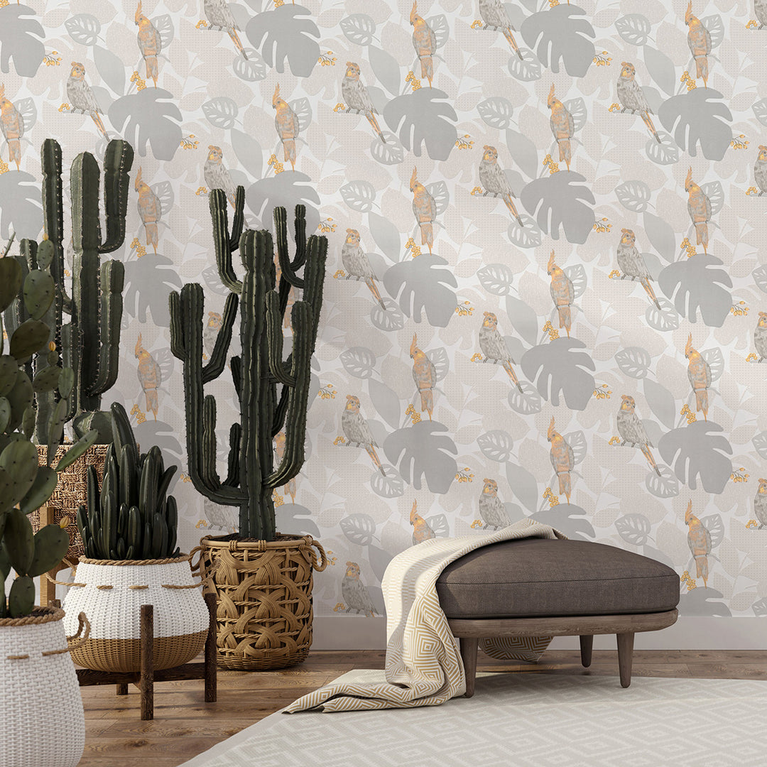 Vinyl Embossed Wallpaper Orange Parrots Gray-Beige for Bedroom Living Room Children's Room 0.53x10.05m Summer