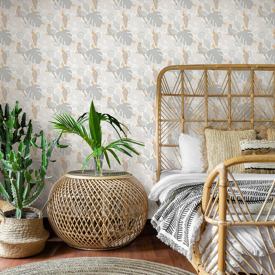 Vinyl Embossed Wallpaper Orange Parrots Gray-Beige for Bedroom Living Room Children's Room 0.53x10.05m Summer