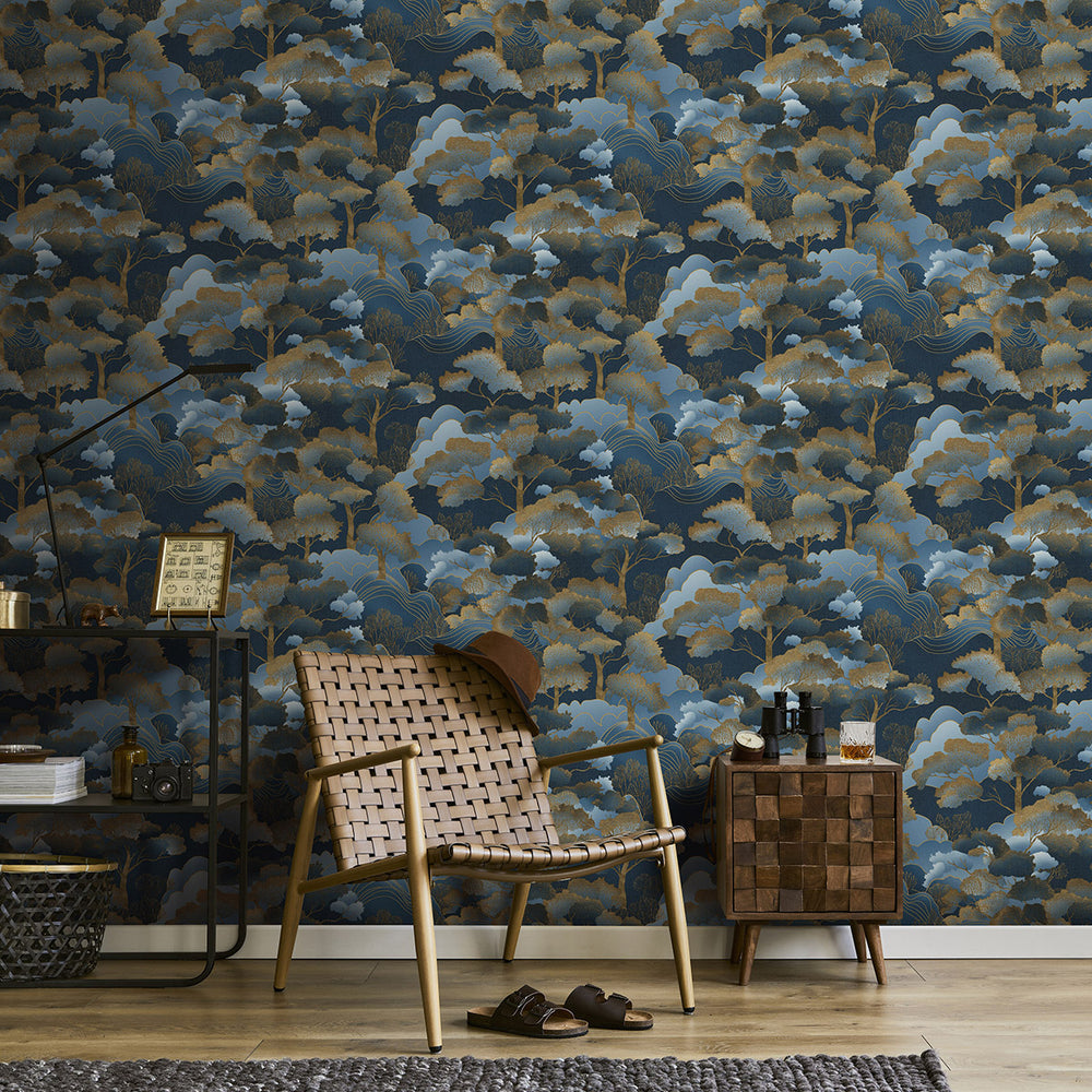 Поръчков Тапет Elle 4 Гора Синьо златно