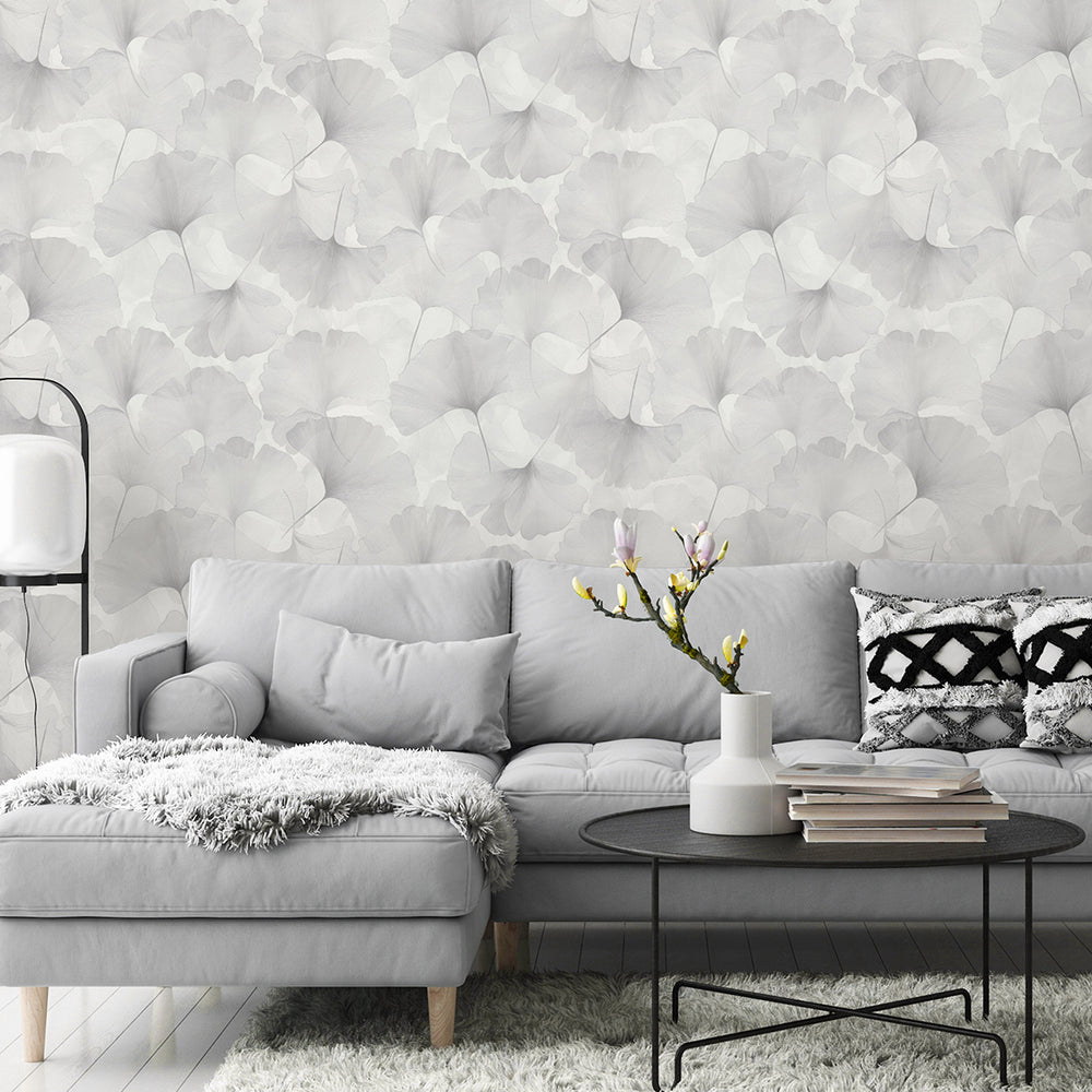 Тапет Листа гинко Светлосиво Елизиум