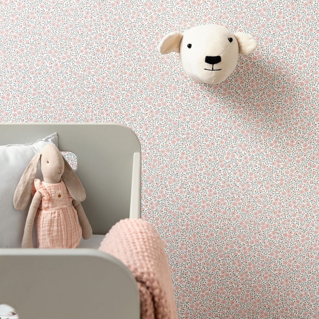 Children's Fleece Wallpaper Pink Small Flowers White Flowers for Children's Room Inspiration