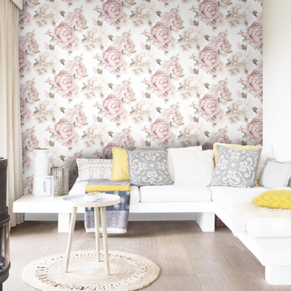 Хартиен двупластов Тапет Розови Цветя Бяло за Спалня Хол 0.53х10.05 м Настроение (Оцвети дома си!)