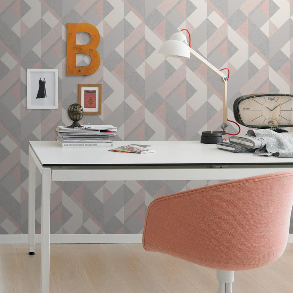 Хартиен двупластов Тапет Розово 3D геометрия Бяло за Спалня Хол 0.53х10.05 м Настроение (Оцвети дома си!)