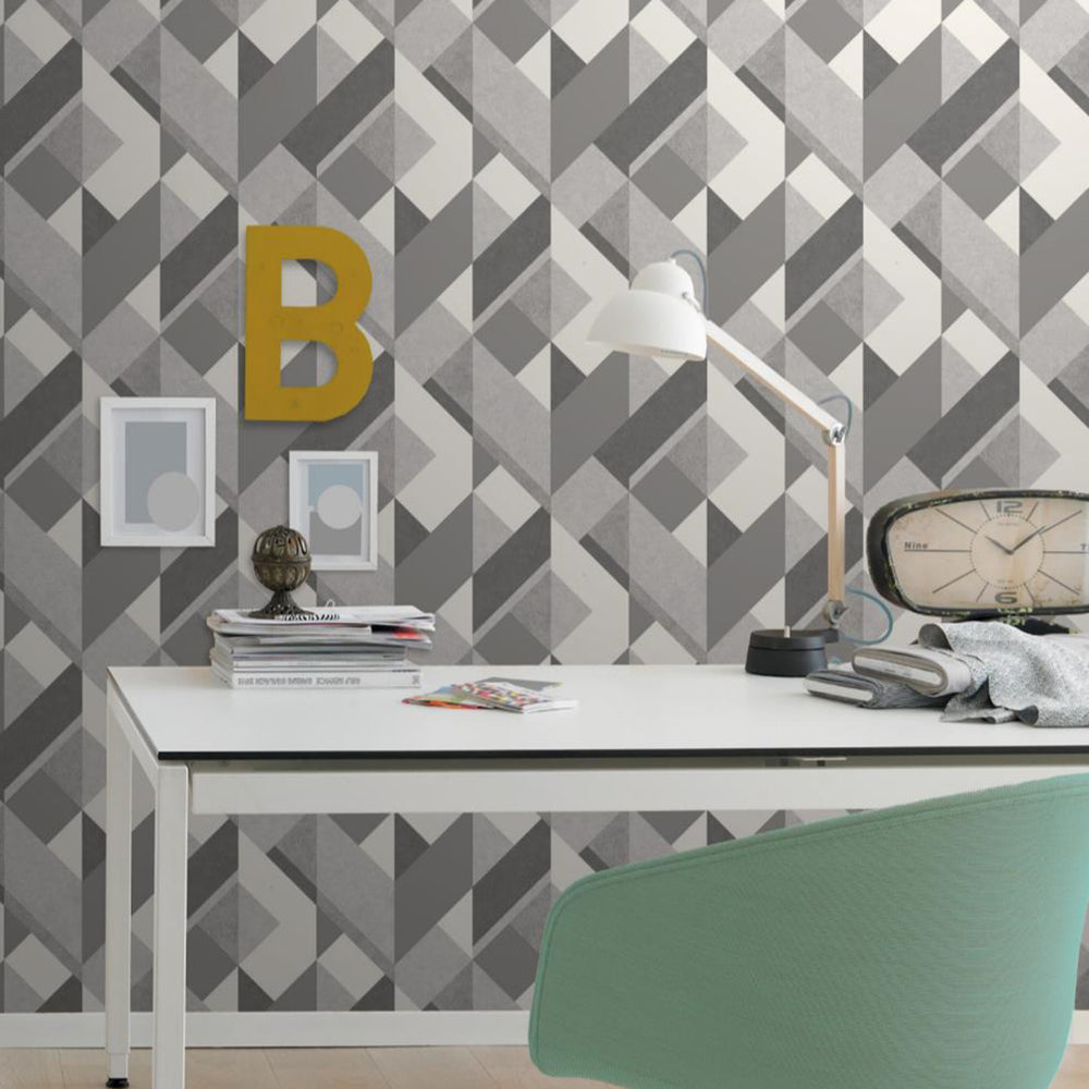 Хартиен двупластов Тапет Сиво 3D геометрия Бяло за Спалня Хол 0.53х10.05 м Настроение (Оцвети дома си!)