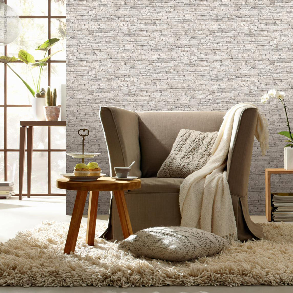 Хартиен двупластов Тапет Стена камък Таупе за Кухня Хол Коридор 0.53х10.05 м Настроение (Оцвети дома си!)