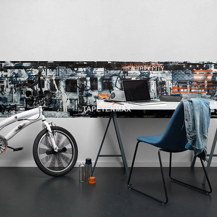 Wallpaper frieze Kids&Teens 2 urban art trains dark blue