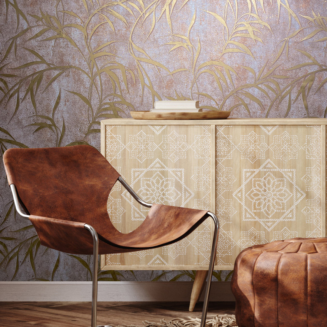 Високоустойчив Тапет Златни Листа Медно за Спалня Хол 0.53х10.05 м Градско Сияние