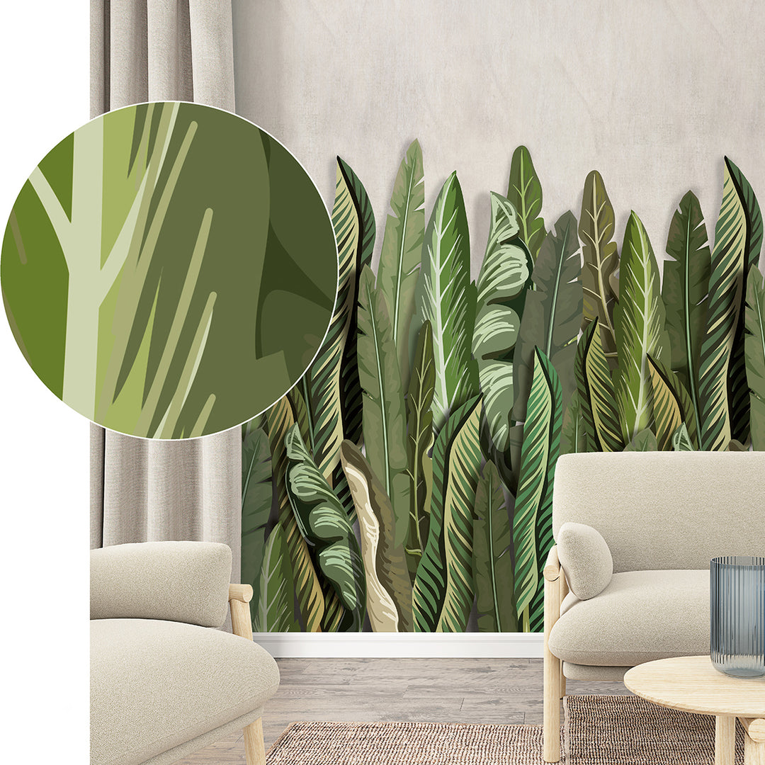 Wallpaper-Panel Green Leaves Beige 3p. for Bedroom Living Room Kitchen 1.59x2.7m Smart Art Easy