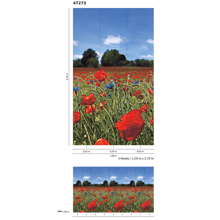 Wallpaper-Panel Poppy Field 3h. for Bedroom Living Room Kitchen 1.59x2.7m Smart Art Easy