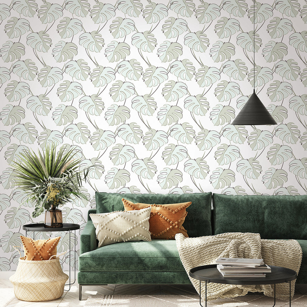 Високоустойчив Винилов Тапет Зелени Листа Бяло Каракас