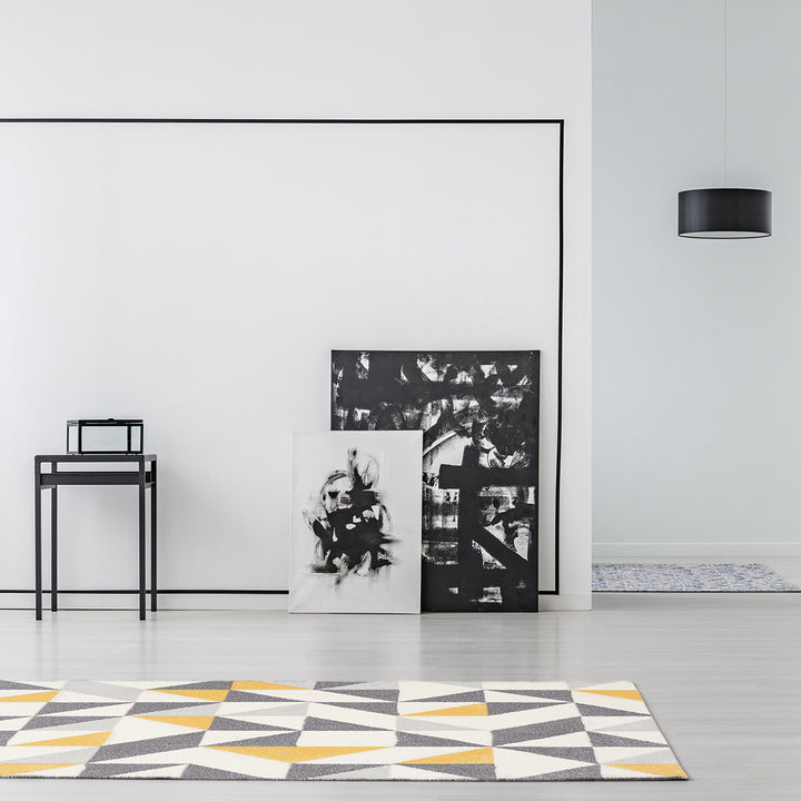 Embossed Carpet Pastel Kids Room Triangles Yellow Gray