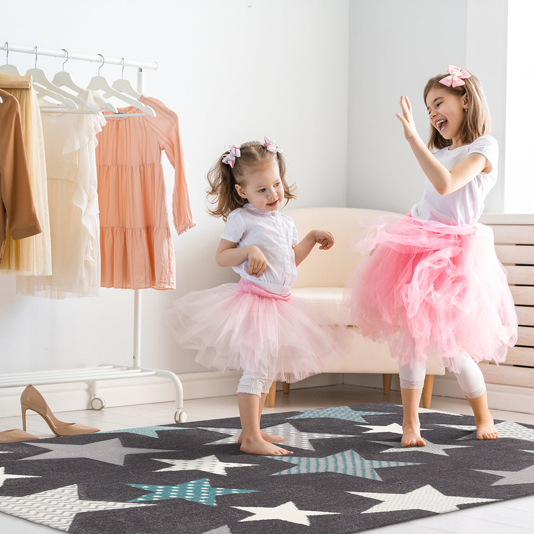 Children's Embossed Carpet Pastel Kids Stars Gray