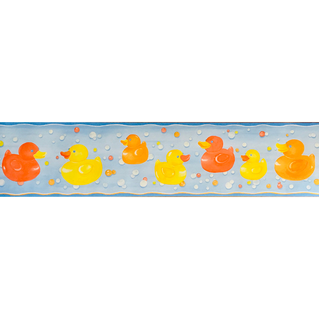 Wallpaper frieze yellow ducklings 3D droplets blue