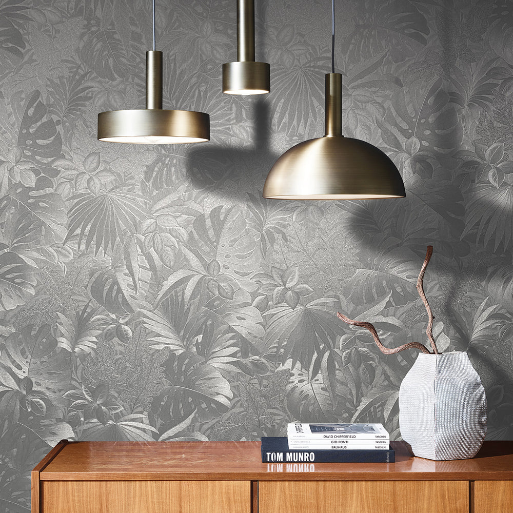 Текстилен ефект Тапет Цветя Сребърни Абстрактни листа Ботаника