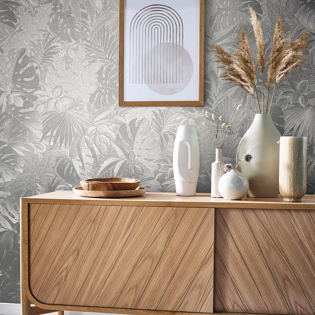 Текстилен ефект Тапет Цветя Сребърни Абстрактни листа Ботаника