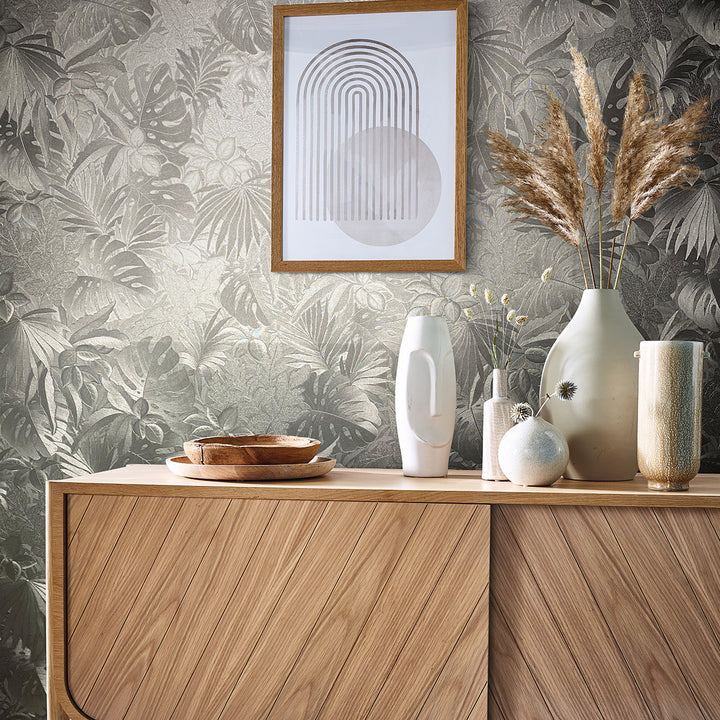 Текстилен ефект Тапет Цветя Бронзови Абстрактни листа Ботаника