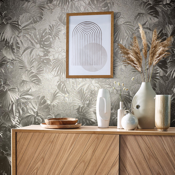 Текстилен ефект Тапет Цветя Златни Абстрактни листа Ботаника