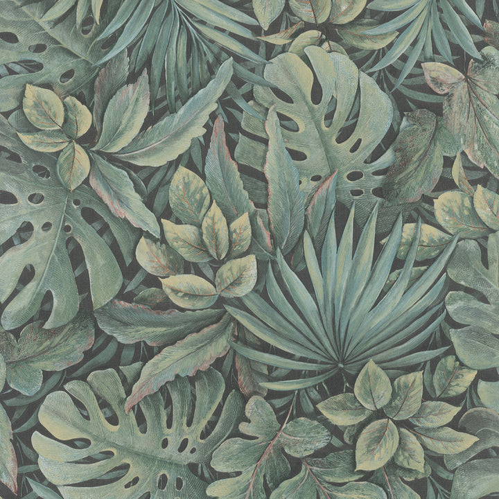 Текстилен ефект Тапет Цветя Зелени Листа Антрацит Ботаника