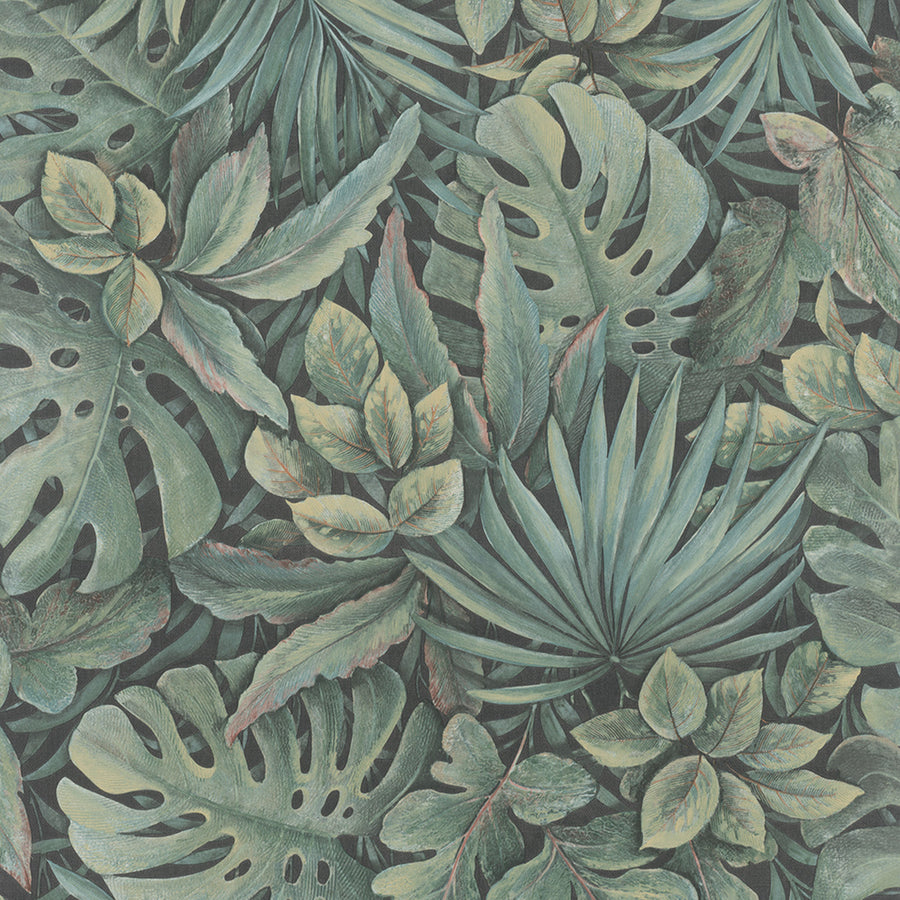 Текстилен ефект Тапет Цветя Зелени Листа Антрацит Ботаника