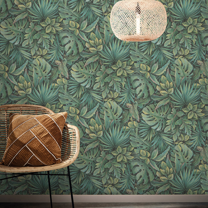 Текстилен ефект Тапет Цветя Зелени Листа Антрацит Ботаника