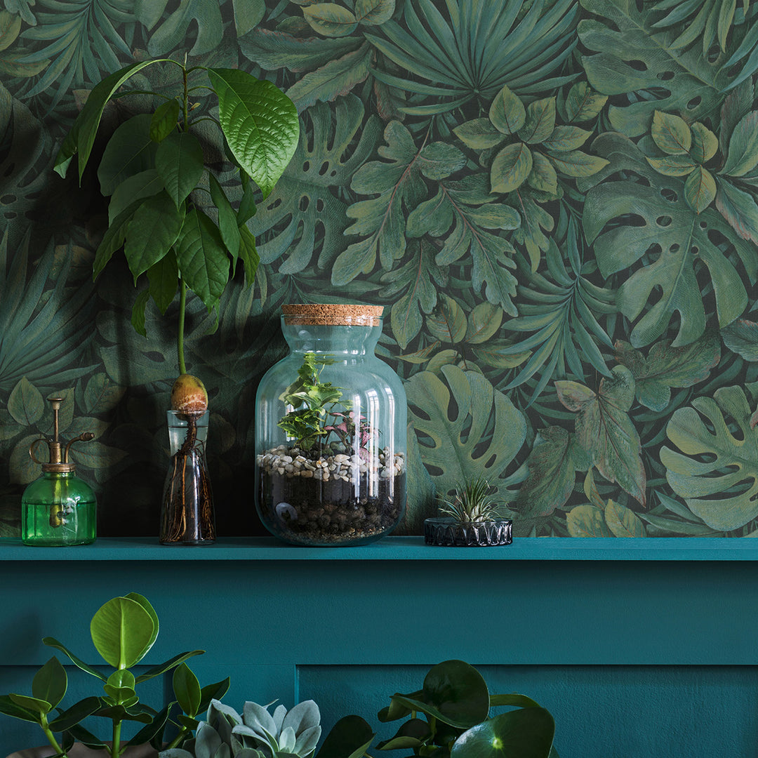 Текстилен ефект Тапет Цветя Зелени Листа Антрацит Ботаника