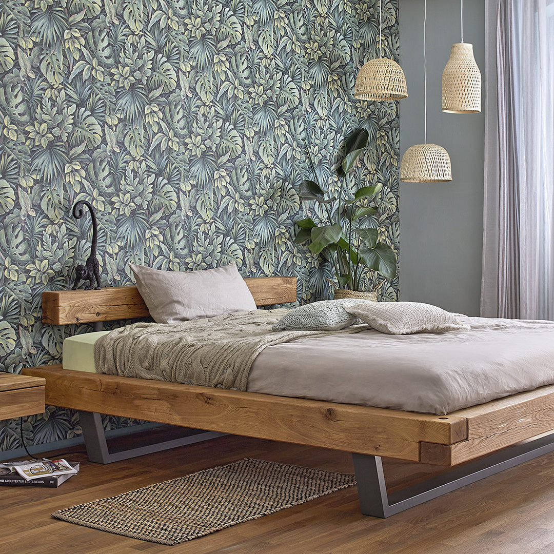 Текстилен ефект Тапет Цветя Зелени Листа Антрацит Ботаника