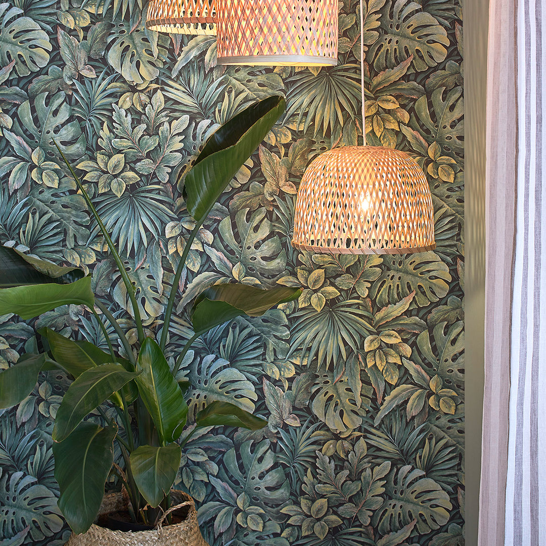 Текстилен ефект Тапет Цветя Зелени Листа Антрацит Ботаника