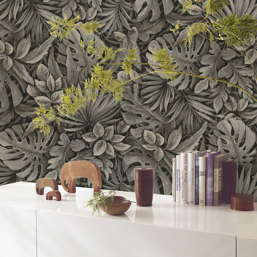 Текстилен ефект Тапет Цветя Кафяви Листа Антрацит Ботаника