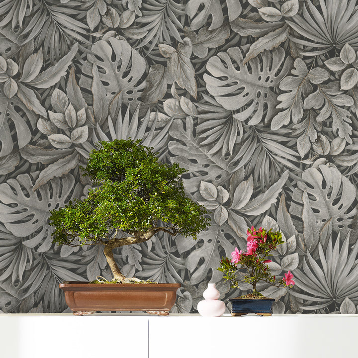 Текстилен ефект Тапет Цветя Кафяви Листа Антрацит Ботаника