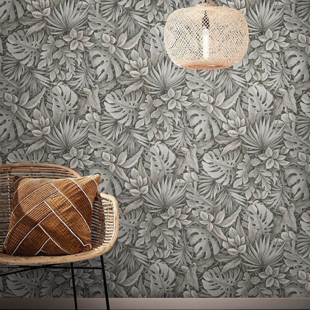 Текстилен ефект Тапет Цветя Кафяви Листа Антрацит Ботаника