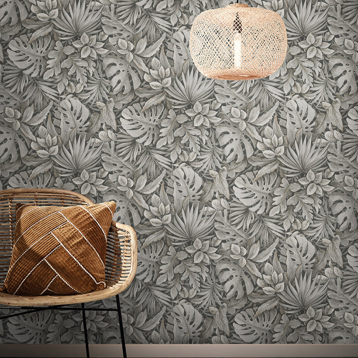 Текстилен ефект Тапет Цветя Кафяви Листа Антрацит Ботаника