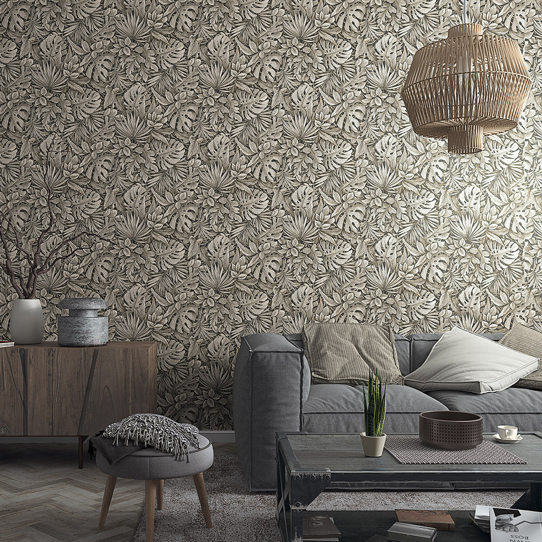 Текстилен ефект Тапет Цветя Кафяви Листа Антрацит Ботаника