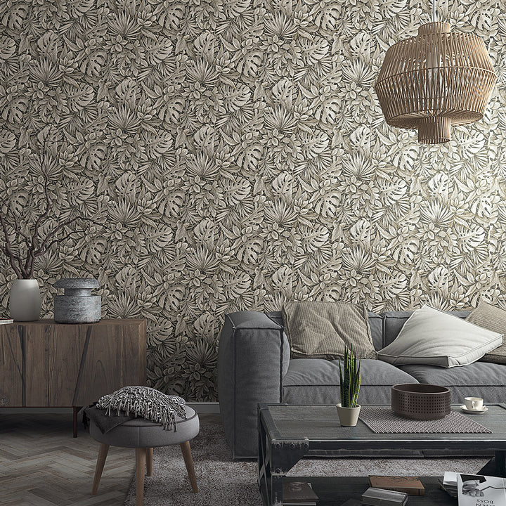 Текстилен ефект Тапет Цветя Кафяви Листа Антрацит Ботаника