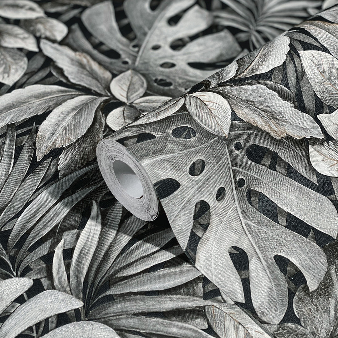 Текстилен ефект Тапет Цветя Кафяви Листа Антрацит Ботаника