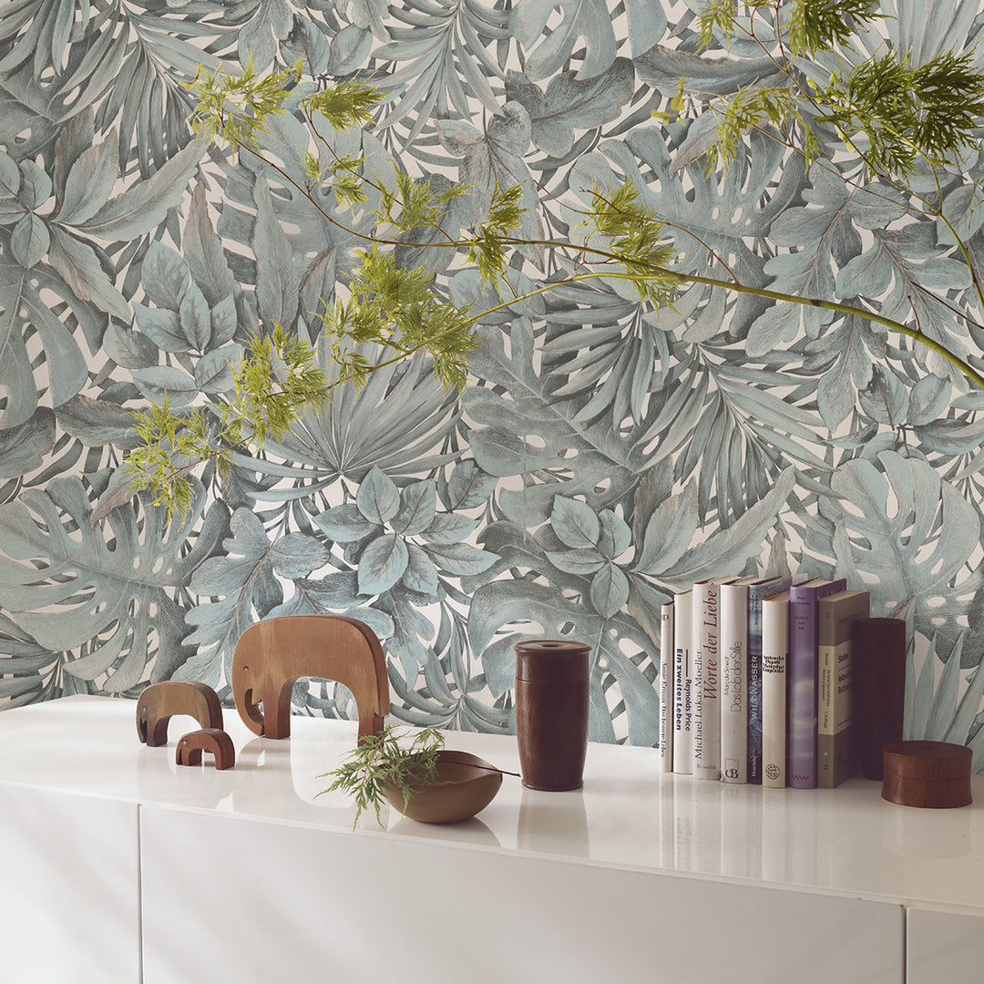 Текстилен ефект Тапет Цветя Тюркоазени Листа Бял Ботаника