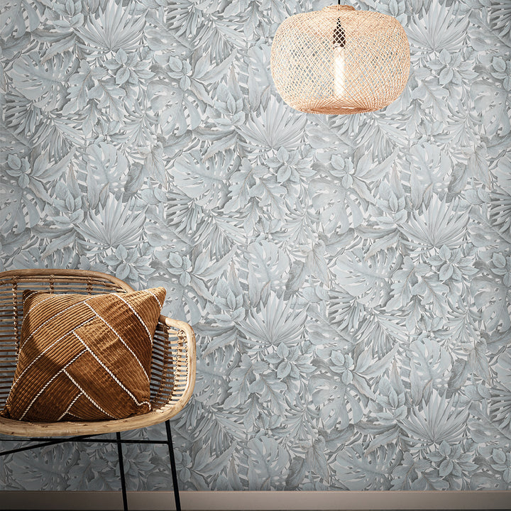 Текстилен ефект Тапет Цветя Тюркоазени Листа Бял Ботаника