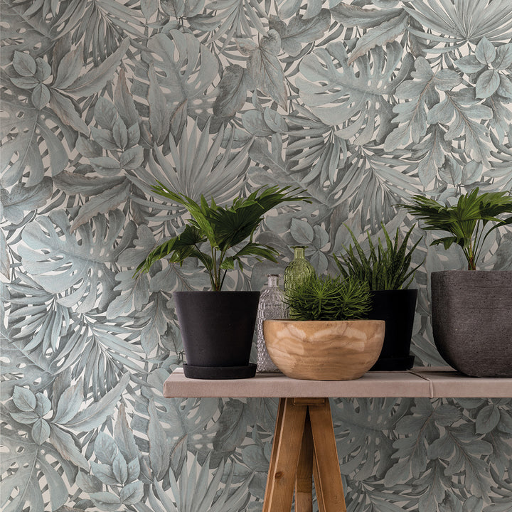 Текстилен ефект Тапет Цветя Тюркоазени Листа Бял Ботаника