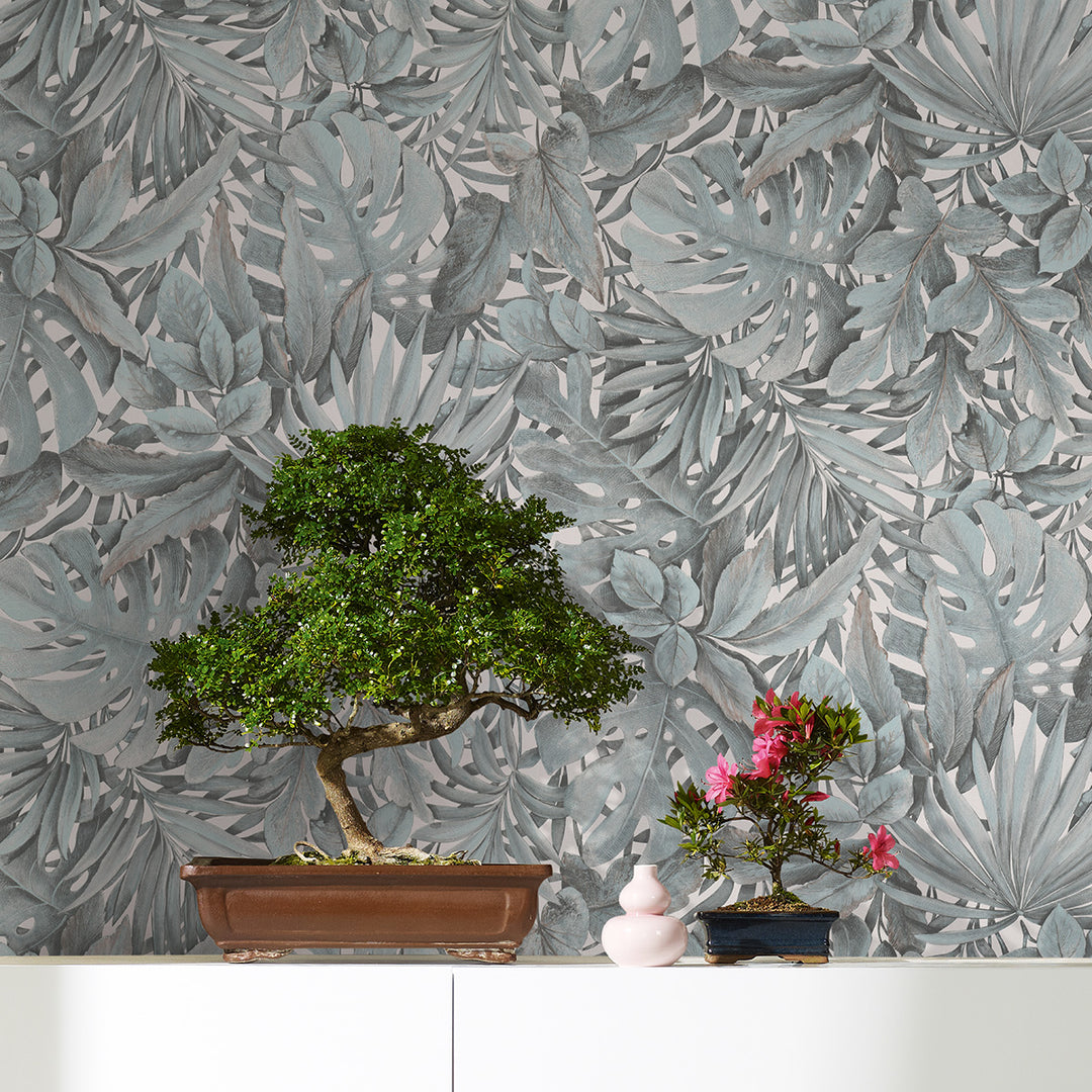 Текстилен ефект Тапет Цветя Тюркоазени Листа Бял Ботаника