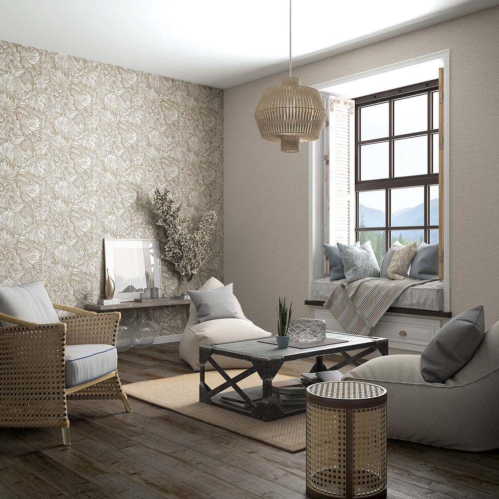 Текстилен ефект Тапет Цветя Бежови Листа Крем Ботаника