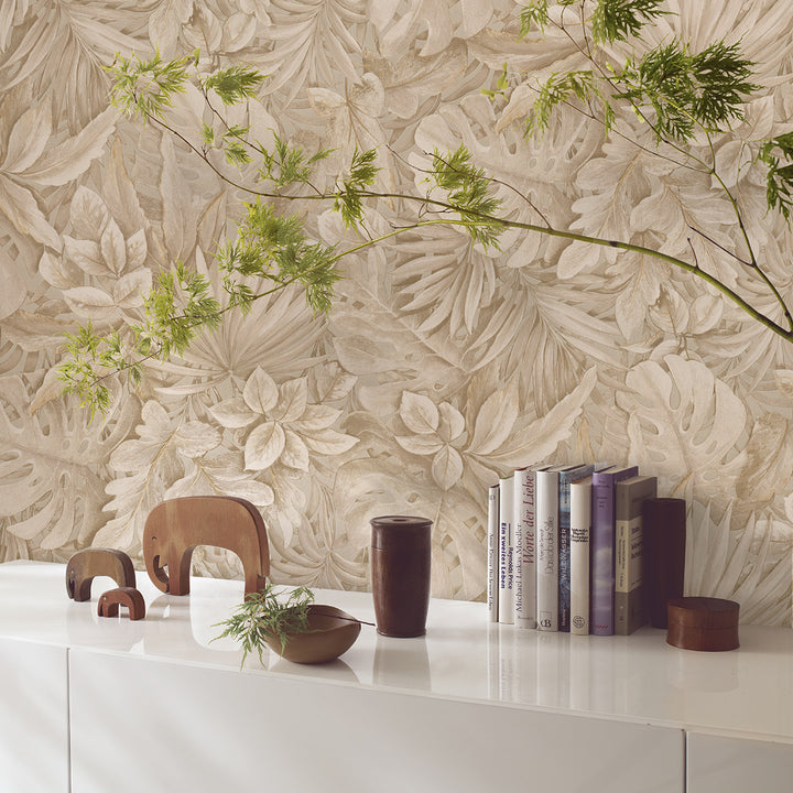 Текстилен ефект Тапет Цветя Бежови Листа Крем Ботаника