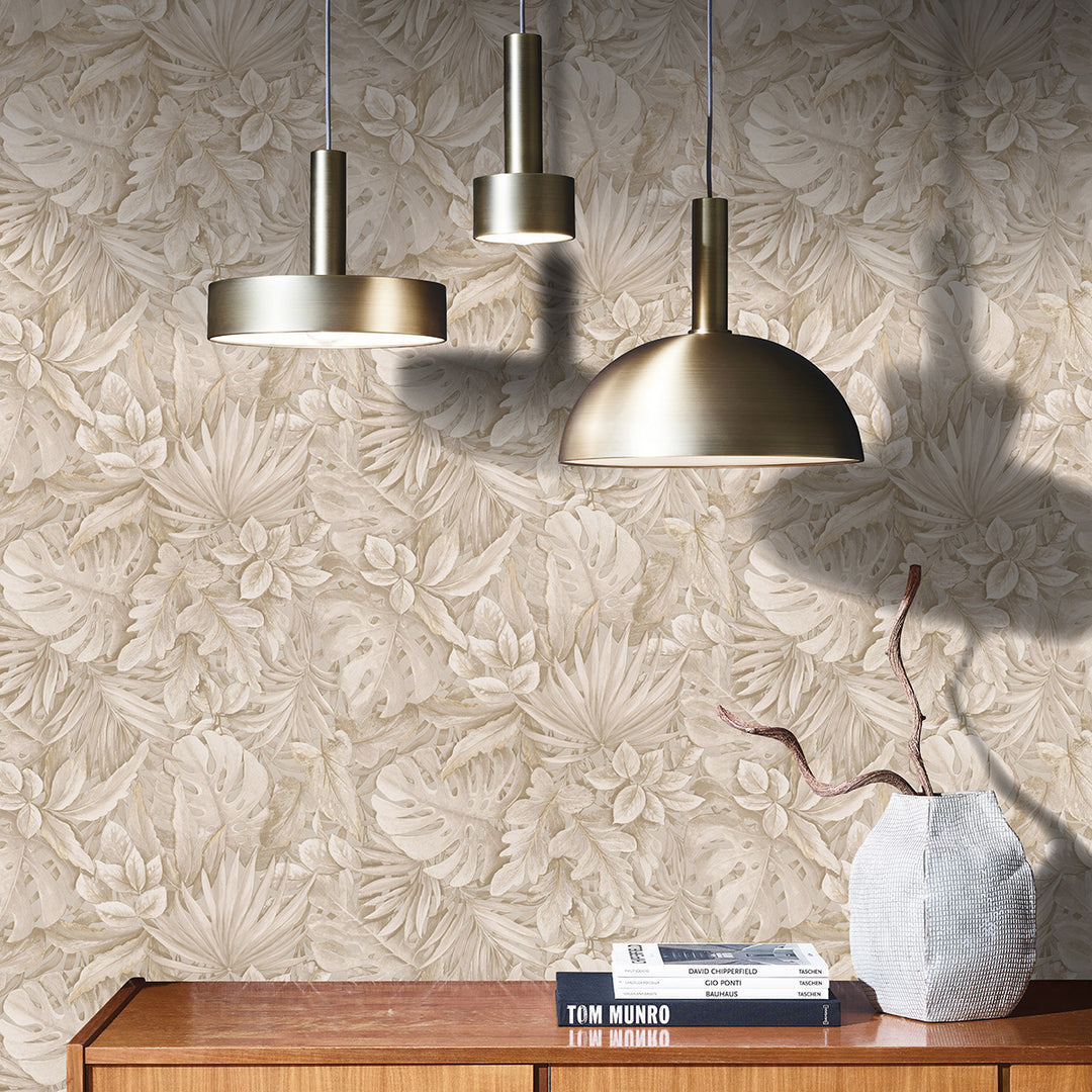 Текстилен ефект Тапет Цветя Бежови Листа Крем Ботаника